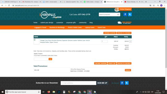 iCarryalls checkout page showing iCarryalls promo code box | Screenshot taken by SimplyCodes community member on May 13, 2020