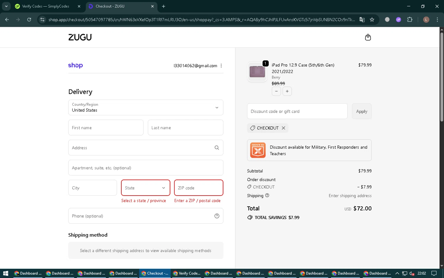 Zugu Case promo code screenshot showing code CHECKOUT applied at Zugu Case checkout page. Uploaded by SimplyCodes community member BrilliantTiger9986 on Dec 5, 2025
