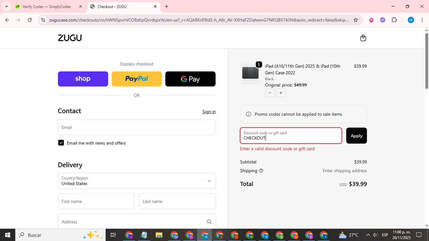 Zugu Case promo code screenshot showing code CHECKOUT applied at Zugu Case checkout page. Uploaded by SimplyCodes community member LegendaryCurator1585 on Nov 29, 2025
