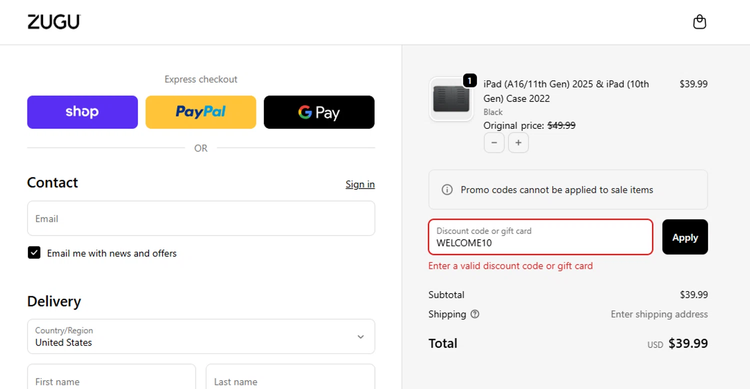 Zugu Case promo code screenshot showing code WELCOME10 applied at Zugu Case checkout page. Uploaded by SimplyCodes community member Volibear on Nov 28, 2025