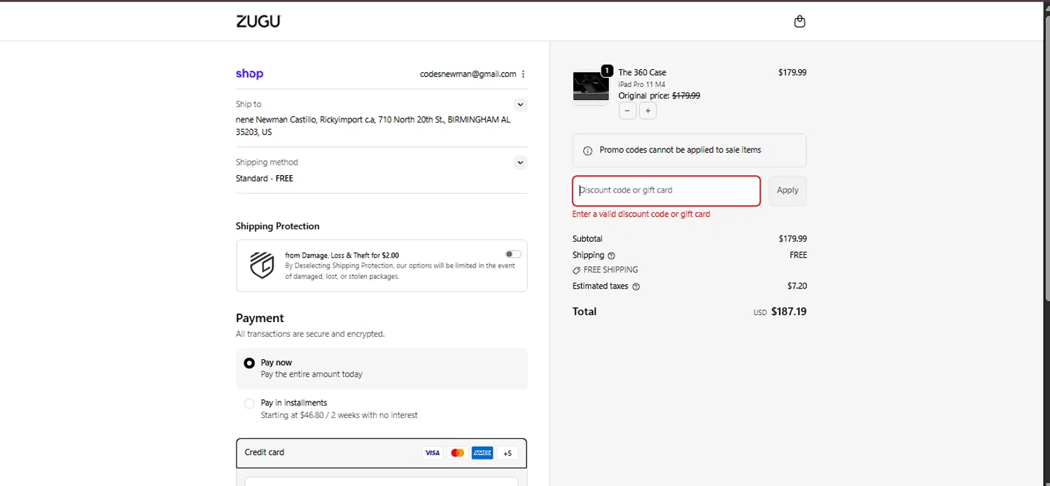 Zugu Case promo code screenshot showing code SORRYFORYOURLOSS10 applied at Zugu Case checkout page. Uploaded by SimplyCodes community member DiscountLion3937 on Oct 9, 2025