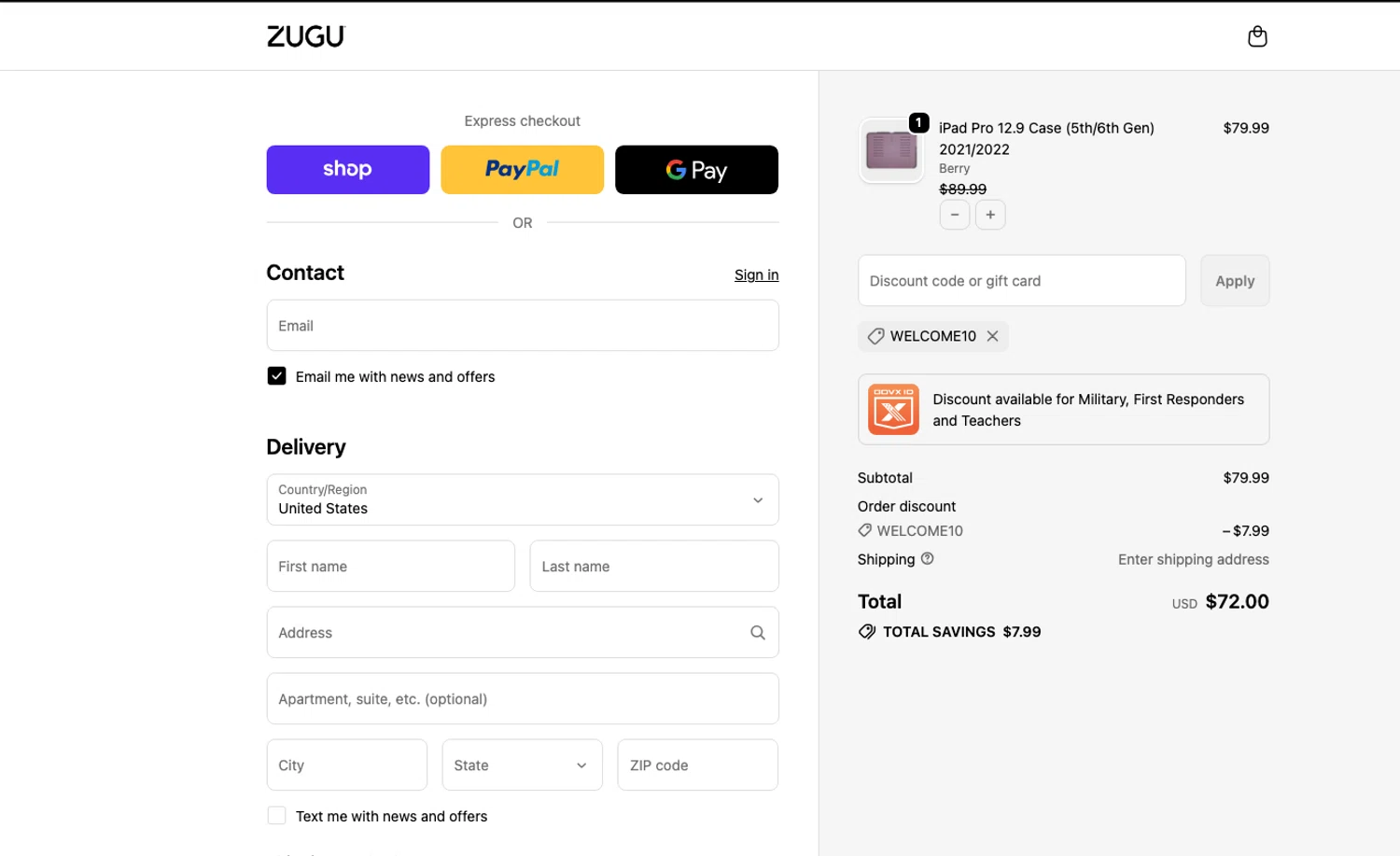 Zugu Case promo code screenshot showing code WELCOME10 applied at Zugu Case checkout page. Uploaded by SimplyCodes community member ELOIN777 on Dec 5, 2025