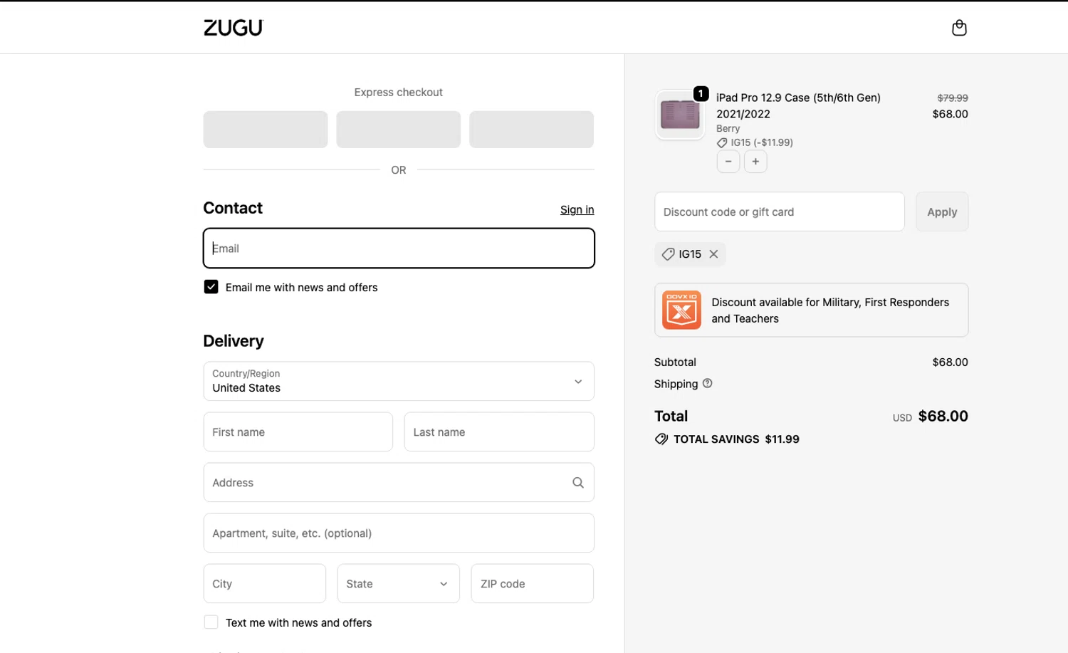 Zugu Case promo code screenshot showing code IG15 applied at Zugu Case checkout page. Uploaded by SimplyCodes community member ELOIN777 on Dec 5, 2025