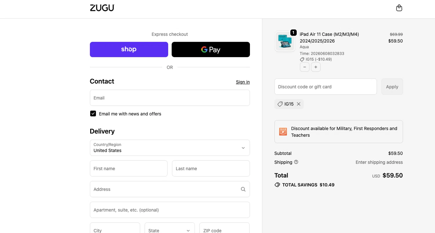 Zugu Case promo code screenshot showing code IG15 applied at Zugu Case checkout page. Uploaded by SimplyCodes community member ELOIN777 on Jun 8, 2026