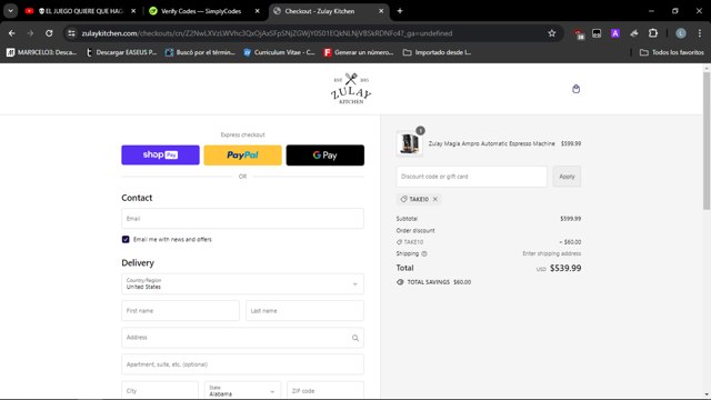 Zulay Kitchen checkout page showing Zulay Kitchen discount code box | Screenshot taken by SimplyCodes community member on Jun 7, 2024