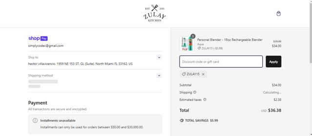 Zulay Kitchen checkout page showing Zulay Kitchen discount code box | Screenshot taken by SimplyCodes community member on Oct 5, 2024