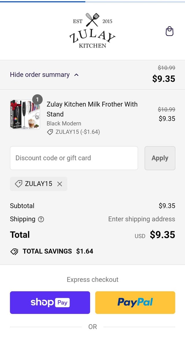Zulay Kitchen checkout page showing Zulay Kitchen discount code box | Screenshot taken by SimplyCodes community member on Aug 7, 2024
