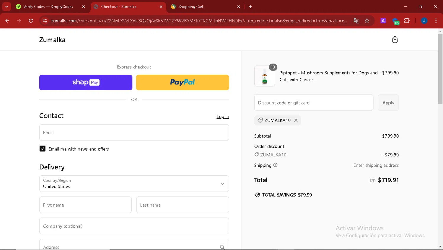 Zumalka promo code screenshot showing code ZUMALKA10 applied at Zumalka checkout page. Uploaded by SimplyCodes community member thegordobaby on Mar 8, 2025