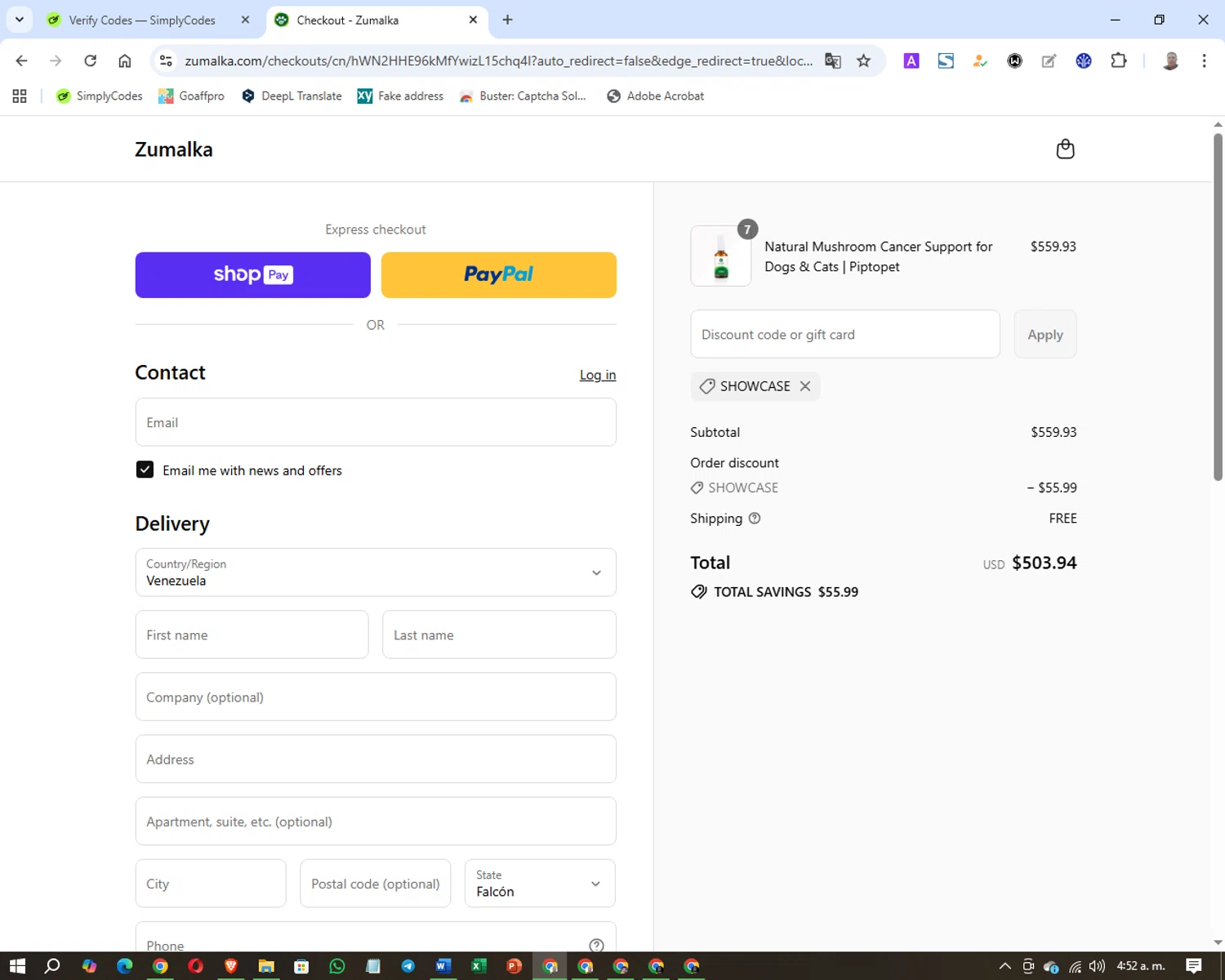 Zumalka promo code screenshot showing code SHOWCASE applied at Zumalka checkout page. Uploaded by SimplyCodes community member Texas_City on Aug 27, 2025