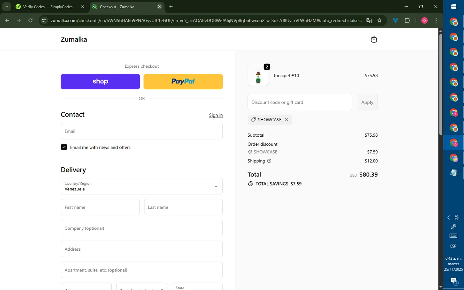 Zumalka promo code screenshot showing code SHOWCASE applied at Zumalka checkout page. Uploaded by SimplyCodes community member LegendaryRanger6350 on Nov 25, 2025