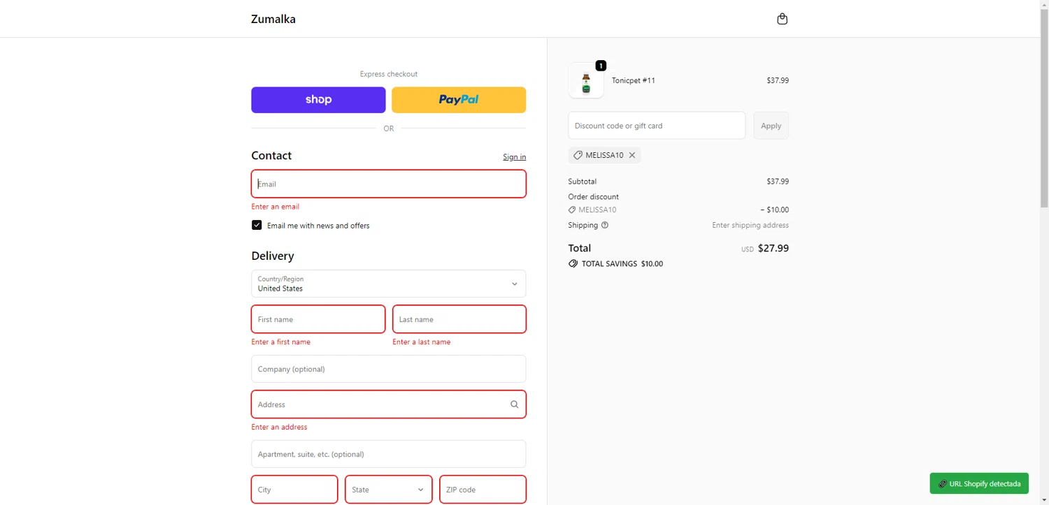 Zumalka checkout page showing Zumalka promo code box | Screenshot taken by SimplyCodes community member on Jan 3, 2026