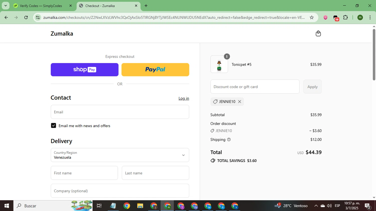 Zumalka promo code screenshot showing code Jennie10 applied at Zumalka checkout page. Uploaded by SimplyCodes community member CoinSage7057 on Jul 4, 2025