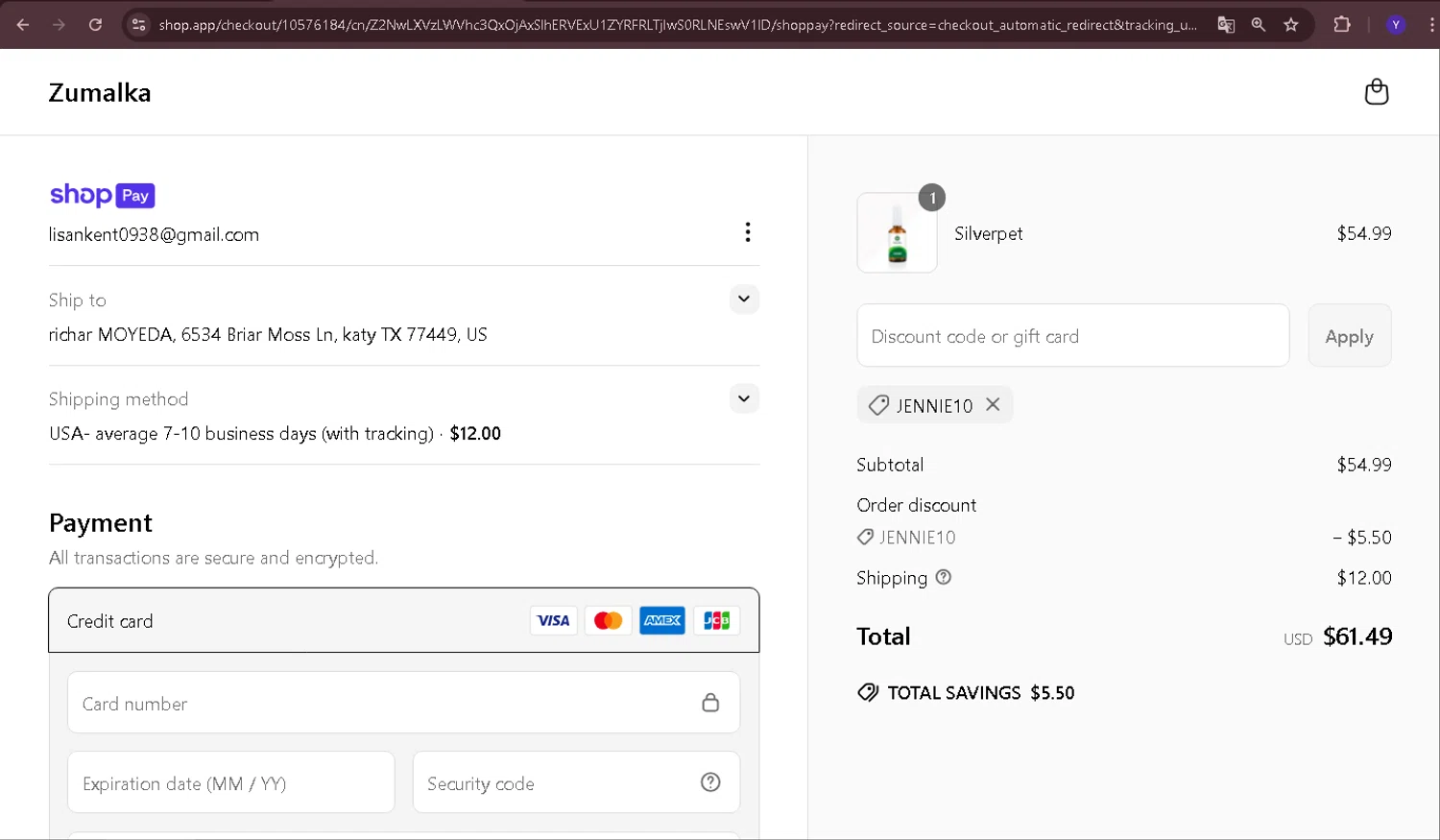 Zumalka promo code screenshot showing code Jennie10 applied at Zumalka checkout page. Uploaded by SimplyCodes community member Yabriel007 on Jun 10, 2025
