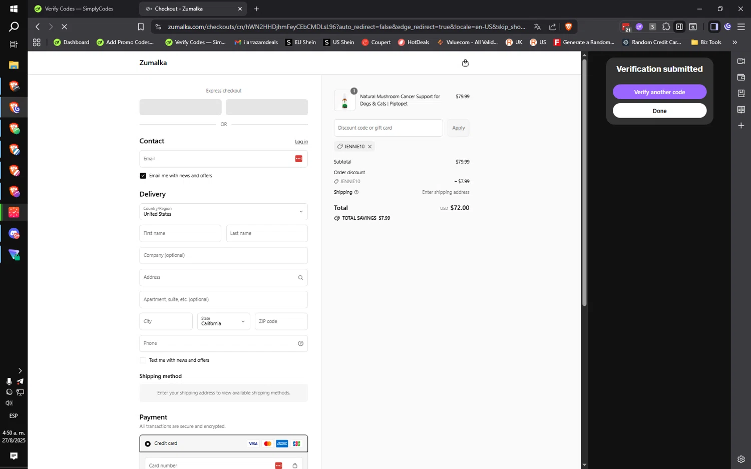 Zumalka promo code screenshot showing code Jennie10 applied at Zumalka checkout page. Uploaded by SimplyCodes community member ilarrazaM4 on Aug 27, 2025