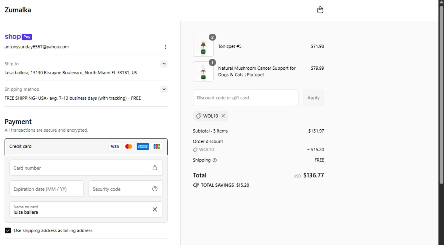 Zumalka promo code screenshot showing code WOL10 applied at Zumalka checkout page. Uploaded by SimplyCodes community member FrugalVirtuoso6318 on Jul 14, 2025