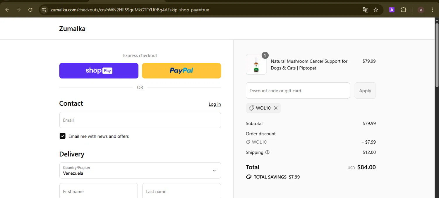 Zumalka promo code screenshot showing code WOL10 applied at Zumalka checkout page. Uploaded by SimplyCodes community member GoldCurator1773 on Aug 27, 2025