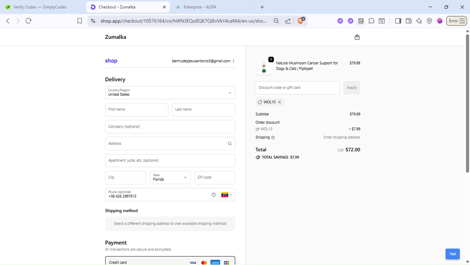 Zumalka promo code screenshot showing code WOL10 applied at Zumalka checkout page. Uploaded by SimplyCodes community member PocoyoTraihard on Sep 21, 2025
