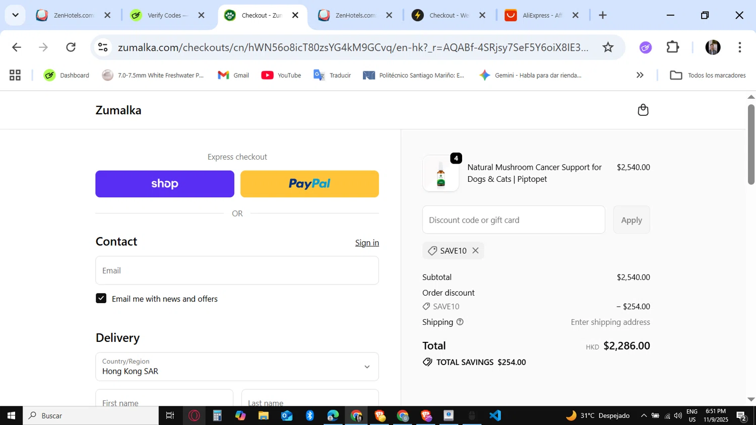 Zumalka promo code screenshot showing code Save10 applied at Zumalka checkout page. Uploaded by SimplyCodes community member KataldoMustafack on Nov 9, 2025