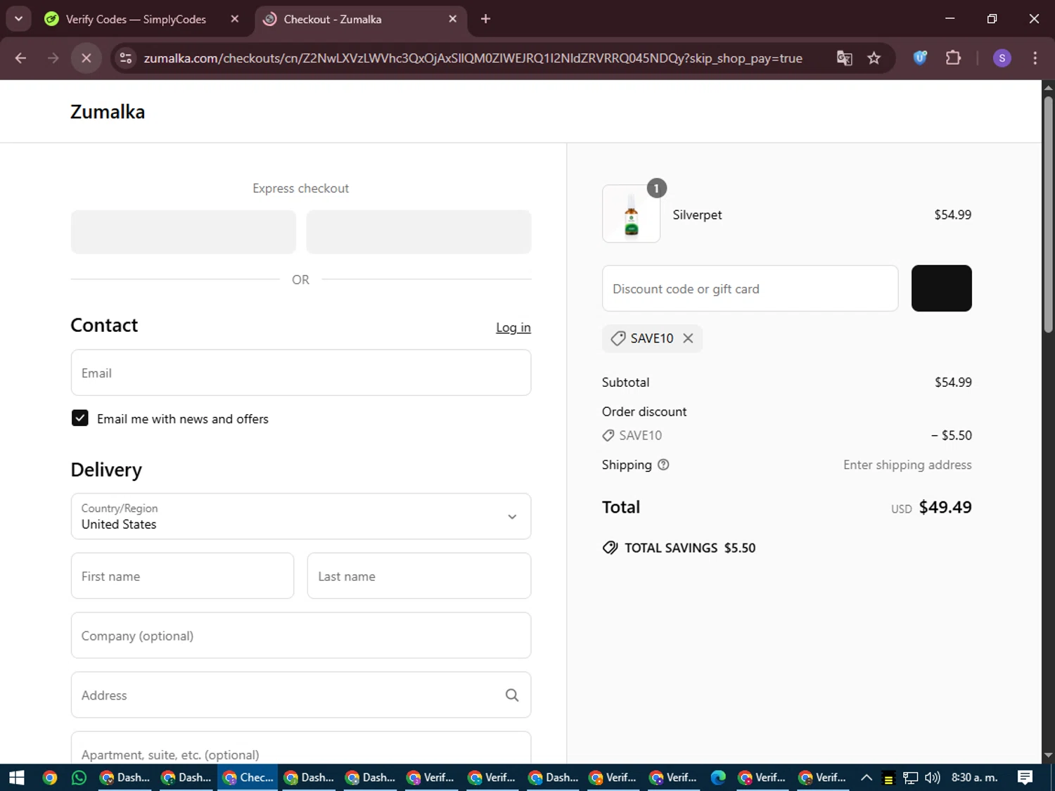 Zumalka promo code screenshot showing code Save10 applied at Zumalka checkout page. Uploaded by SimplyCodes community member LuckyVoyager688 on Jun 26, 2025