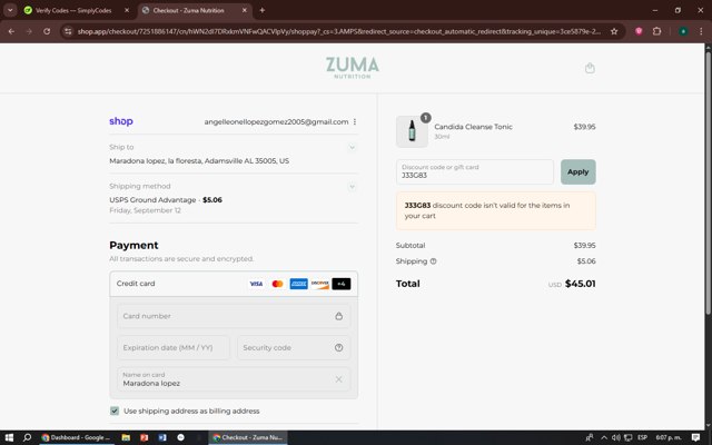 Zuma Nutrition checkout page showing Zuma Nutrition discount code box | Screenshot taken by SimplyCodes community member on Sep 5, 2025