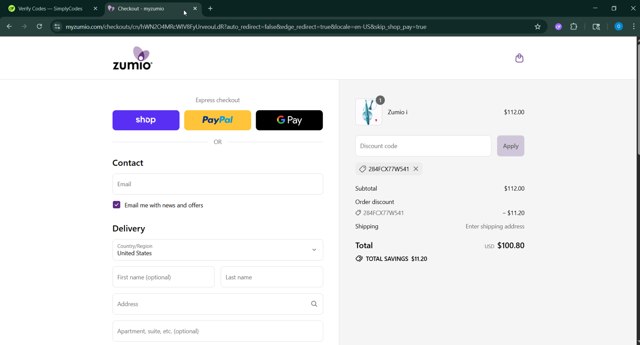 Zumio checkout page showing Zumio discount code box | Screenshot taken by SimplyCodes community member on Aug 30, 2025