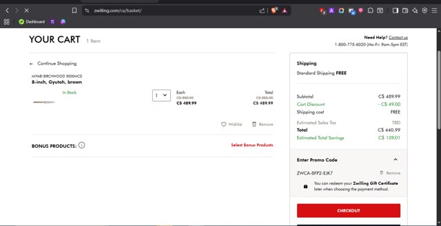 ZWILLING checkout page showing ZWILLING promo code box | Screenshot taken by SimplyCodes community member on Aug 10, 2025