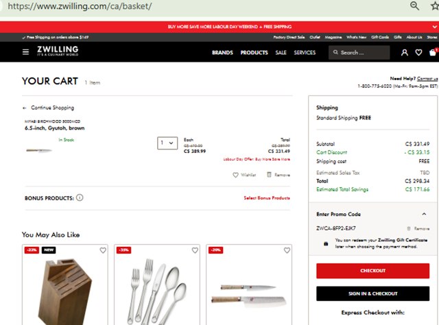 ZWILLING checkout page showing ZWILLING promo code box | Screenshot taken by SimplyCodes community member on Sep 2, 2025