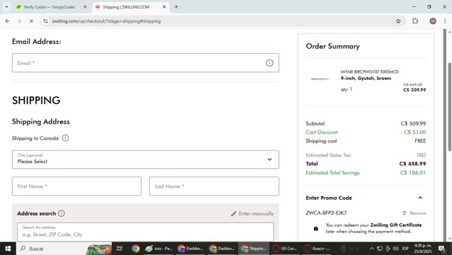 ZWILLING checkout page showing ZWILLING promo code box | Screenshot taken by SimplyCodes community member on Aug 25, 2025