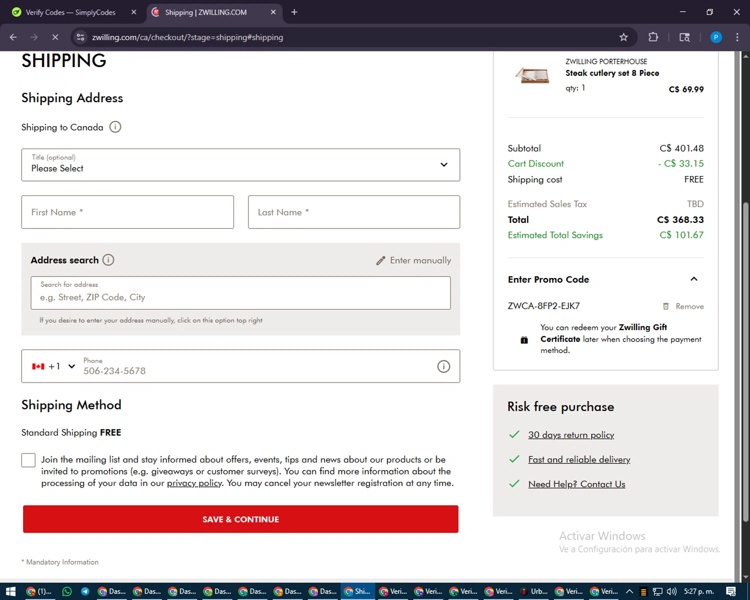 ZWILLING promo code screenshot showing code ZWCA-8FP2-EJK7 applied at ZWILLING checkout page. Uploaded by SimplyCodes community member juiceWRLD on Aug 29, 2025