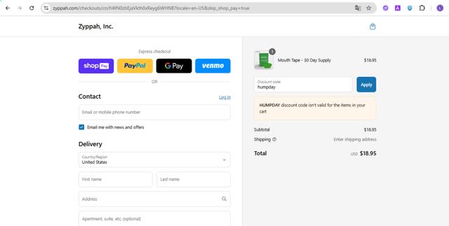 Zyppah checkout page showing Zyppah coupon code box | Screenshot taken by SimplyCodes community member on Jul 24, 2025
