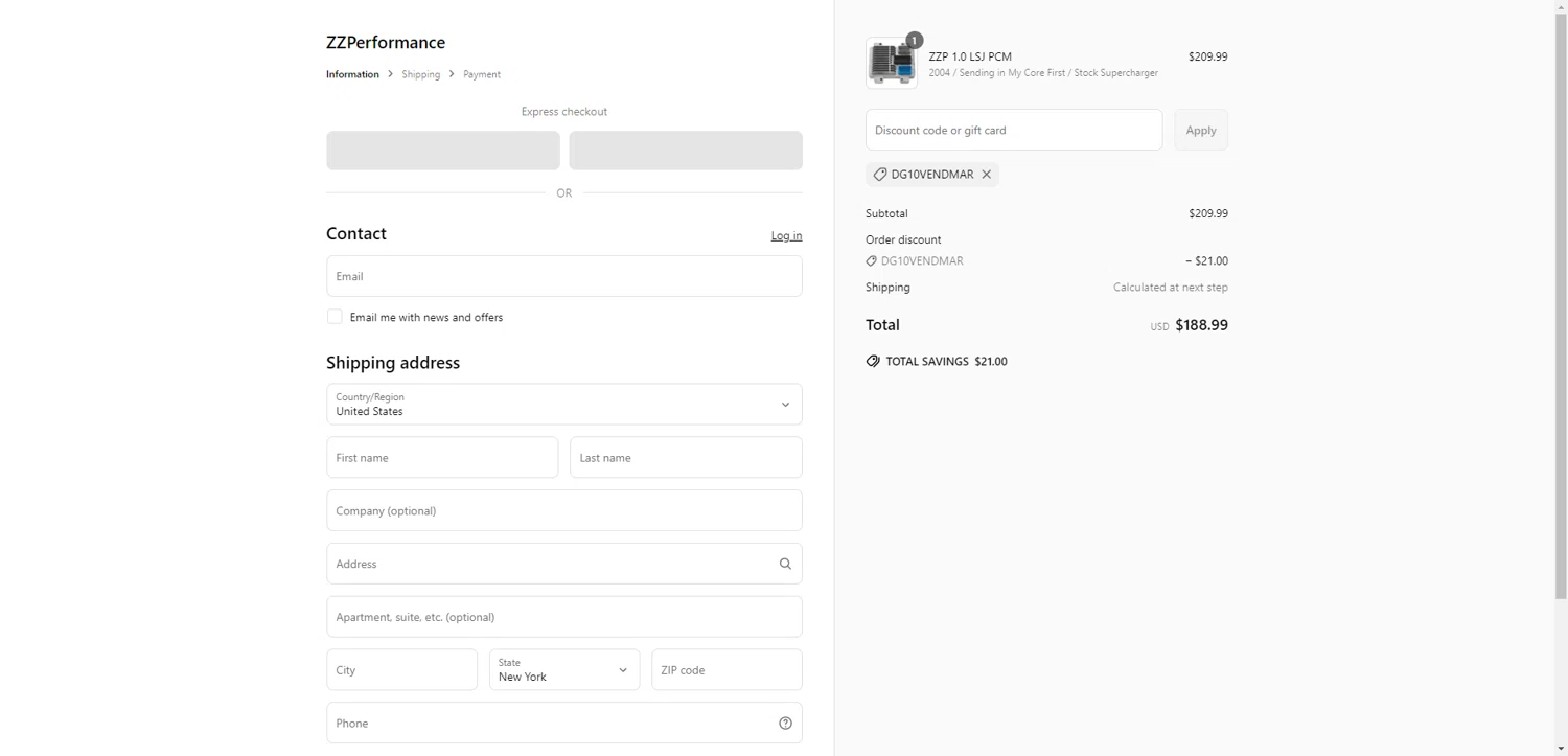 ZZPerformance discount code screenshot showing code DG10VENDMAR applied at ZZPerformance checkout page. Uploaded by SimplyCodes community member PennyRanger8219 on Jun 17, 2025