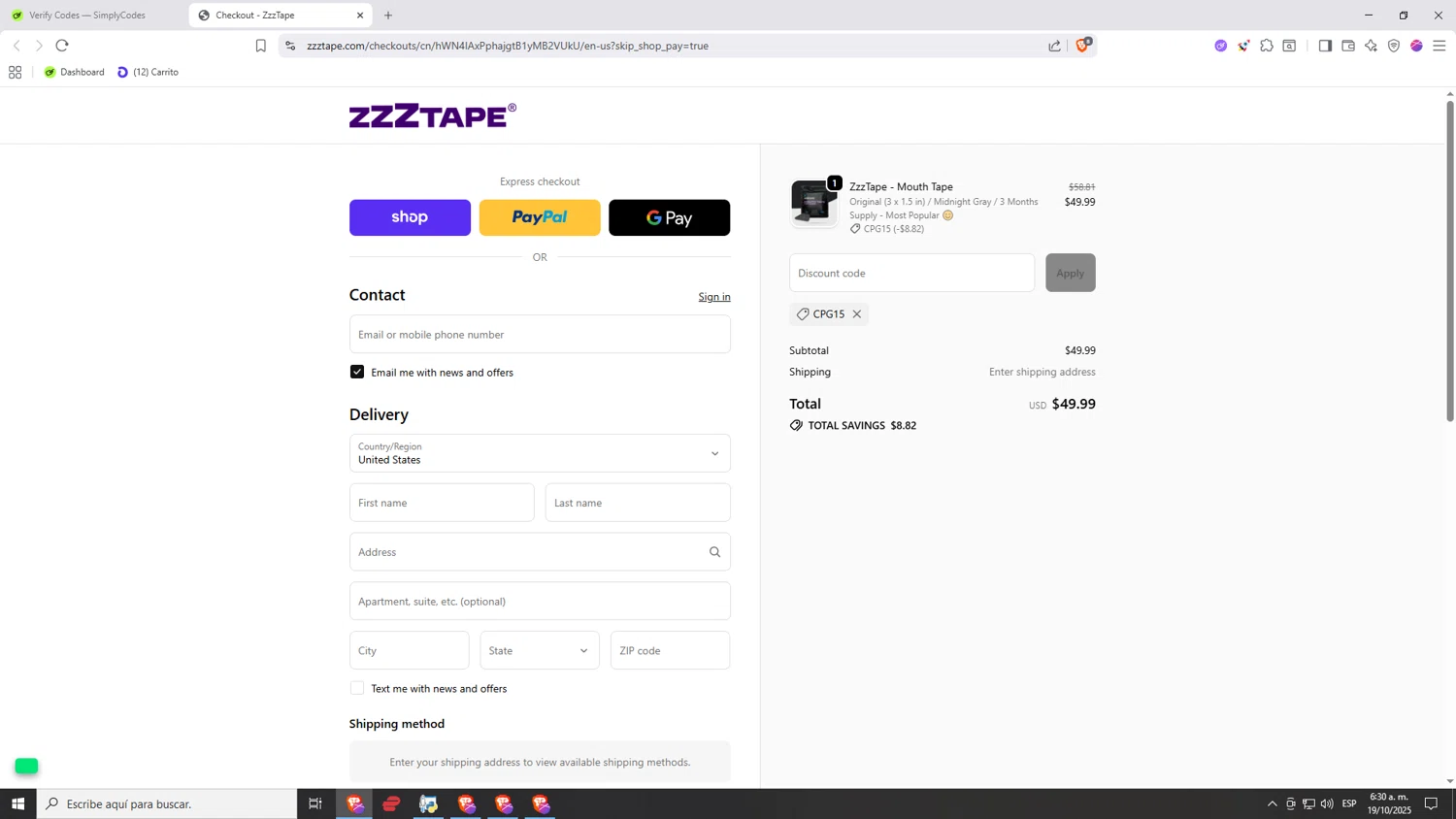 ZzzTape discount code screenshot showing code CPG15 applied at ZzzTape checkout page. Uploaded by SimplyCodes community member Nezukooo on Oct 19, 2025