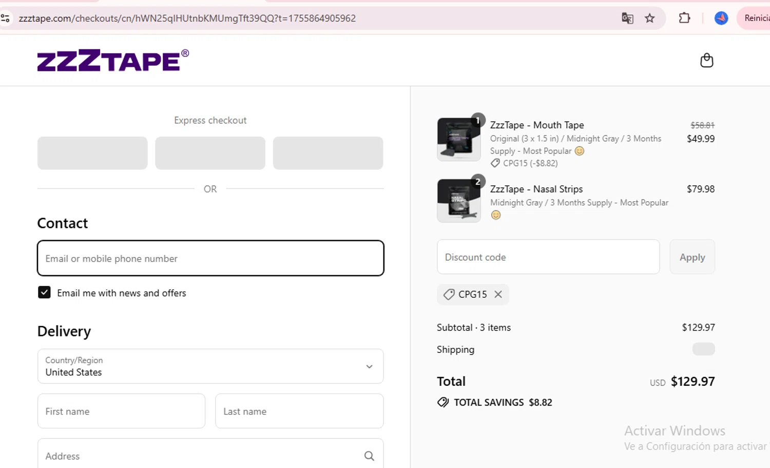 ZzzTape discount code screenshot showing code CPG15 applied at ZzzTape checkout page. Uploaded by SimplyCodes community member RebateScholar8907 on Aug 22, 2025
