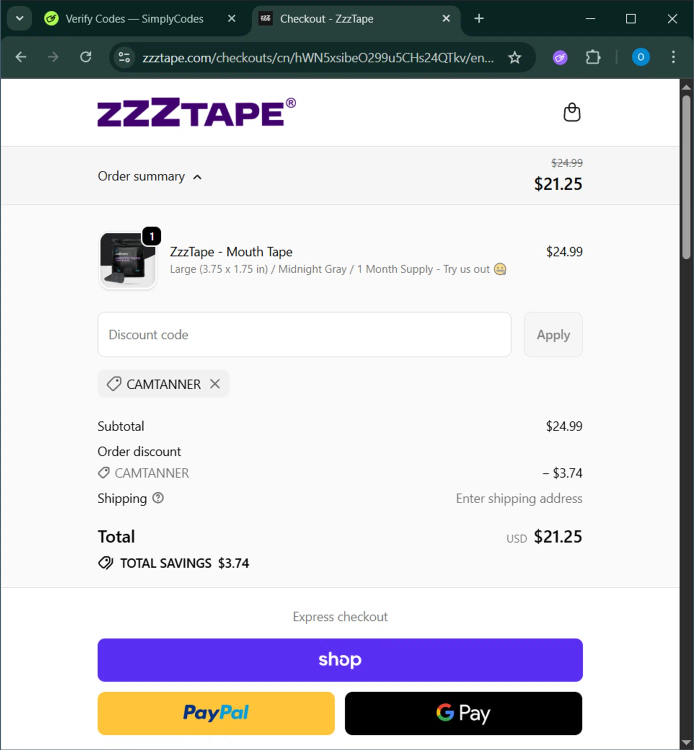 ZzzTape discount code screenshot showing code CAMTANNER applied at ZzzTape checkout page. Uploaded by SimplyCodes community member GoldAdmiral5202 on Dec 2, 2025