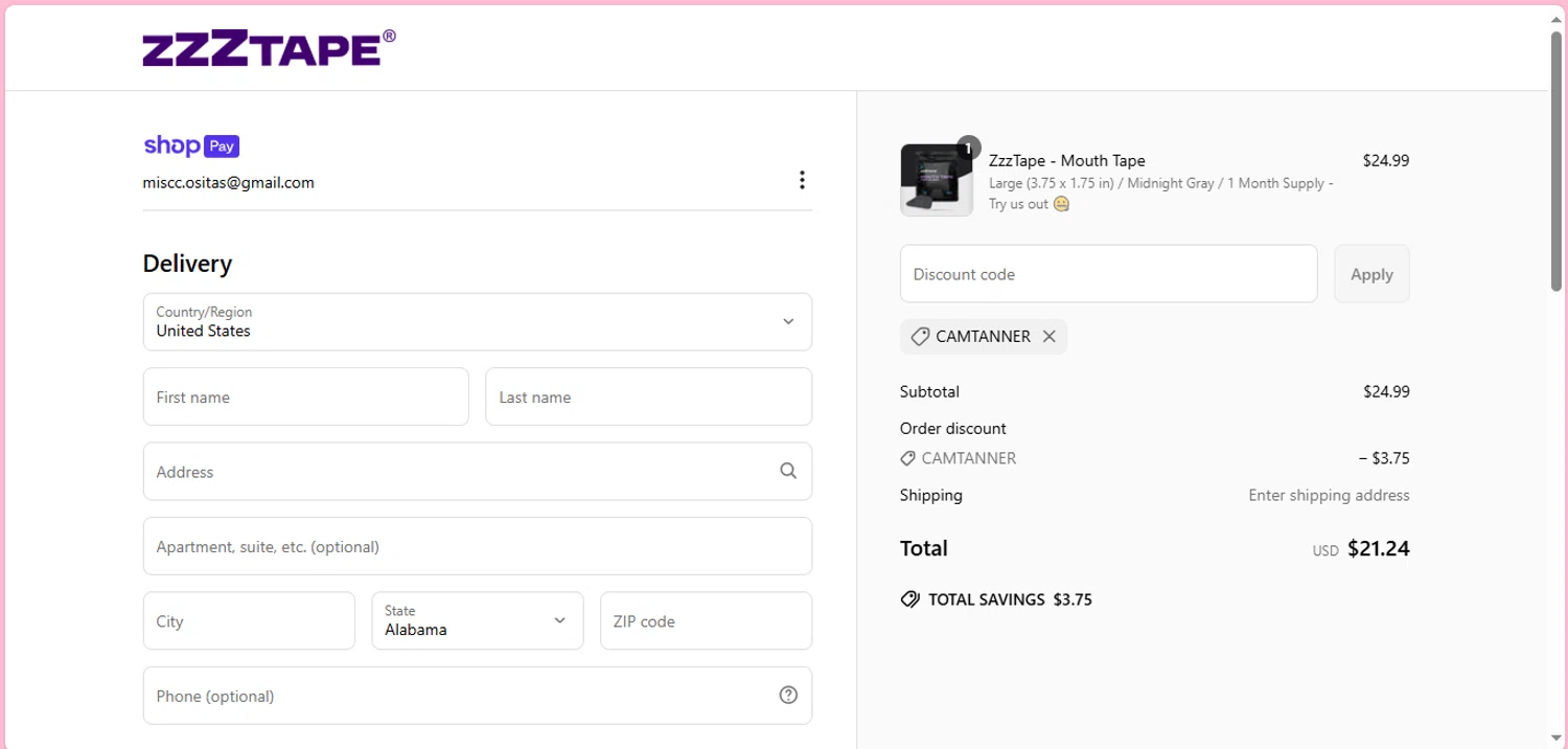ZzzTape discount code screenshot showing code CAMTANNER applied at ZzzTape checkout page. Uploaded by SimplyCodes community member negrita on May 28, 2025