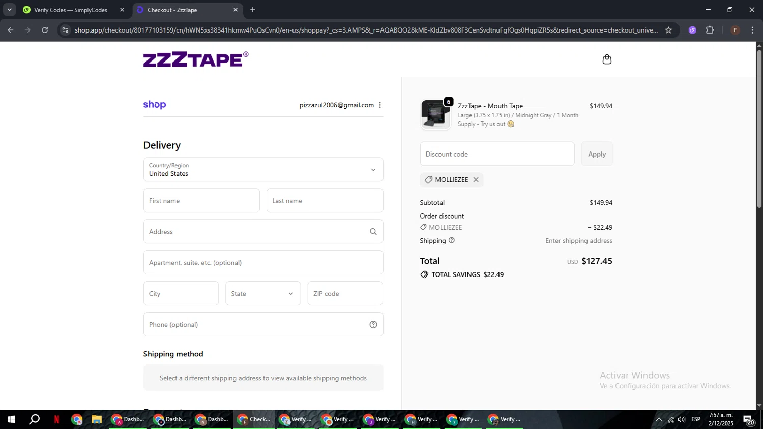 ZzzTape discount code screenshot showing code MOLLIEZEE applied at ZzzTape checkout page. Uploaded by SimplyCodes community member ExtraordinaryHunter3076 on Dec 2, 2025