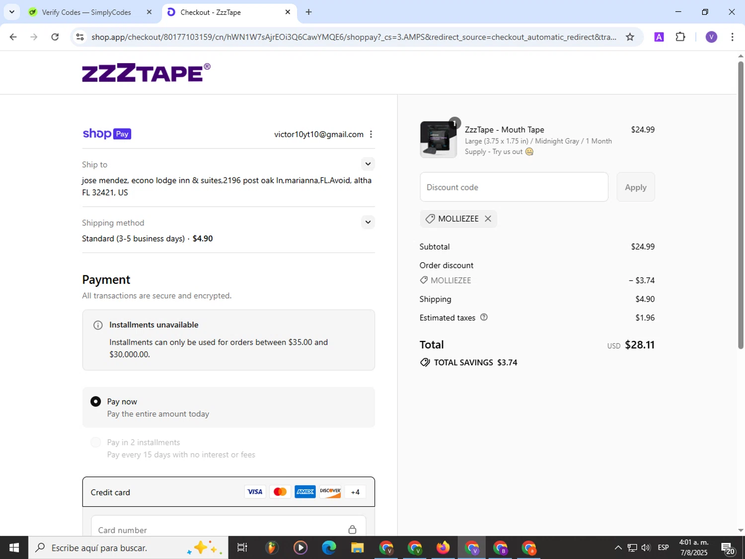 ZzzTape discount code screenshot showing code MOLLIEZEE applied at ZzzTape checkout page. Uploaded by SimplyCodes community member Satoru_gojo on Aug 7, 2025