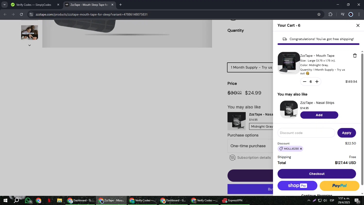 ZzzTape discount code screenshot showing code MOLLIEZEE applied at ZzzTape checkout page. Uploaded by SimplyCodes community member RoyalBoss4384 on Apr 29, 2025