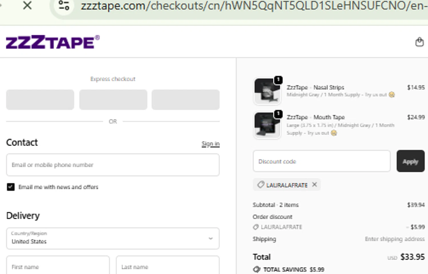 ZzzTape checkout page showing ZzzTape discount code box | Screenshot taken by SimplyCodes community member on Nov 18, 2025