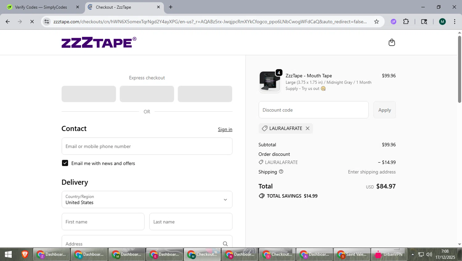 ZzzTape checkout page showing ZzzTape discount code box | Screenshot taken by SimplyCodes community member on Dec 17, 2025
