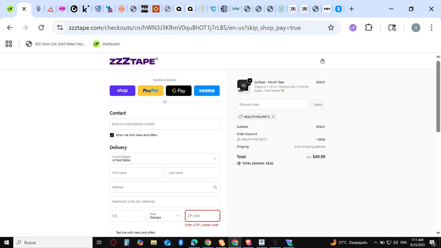 ZzzTape discount code screenshot showing code HEALTHYHELPER15 applied at ZzzTape checkout page. Uploaded by SimplyCodes community member guest_623525963 on Sep 23, 2025