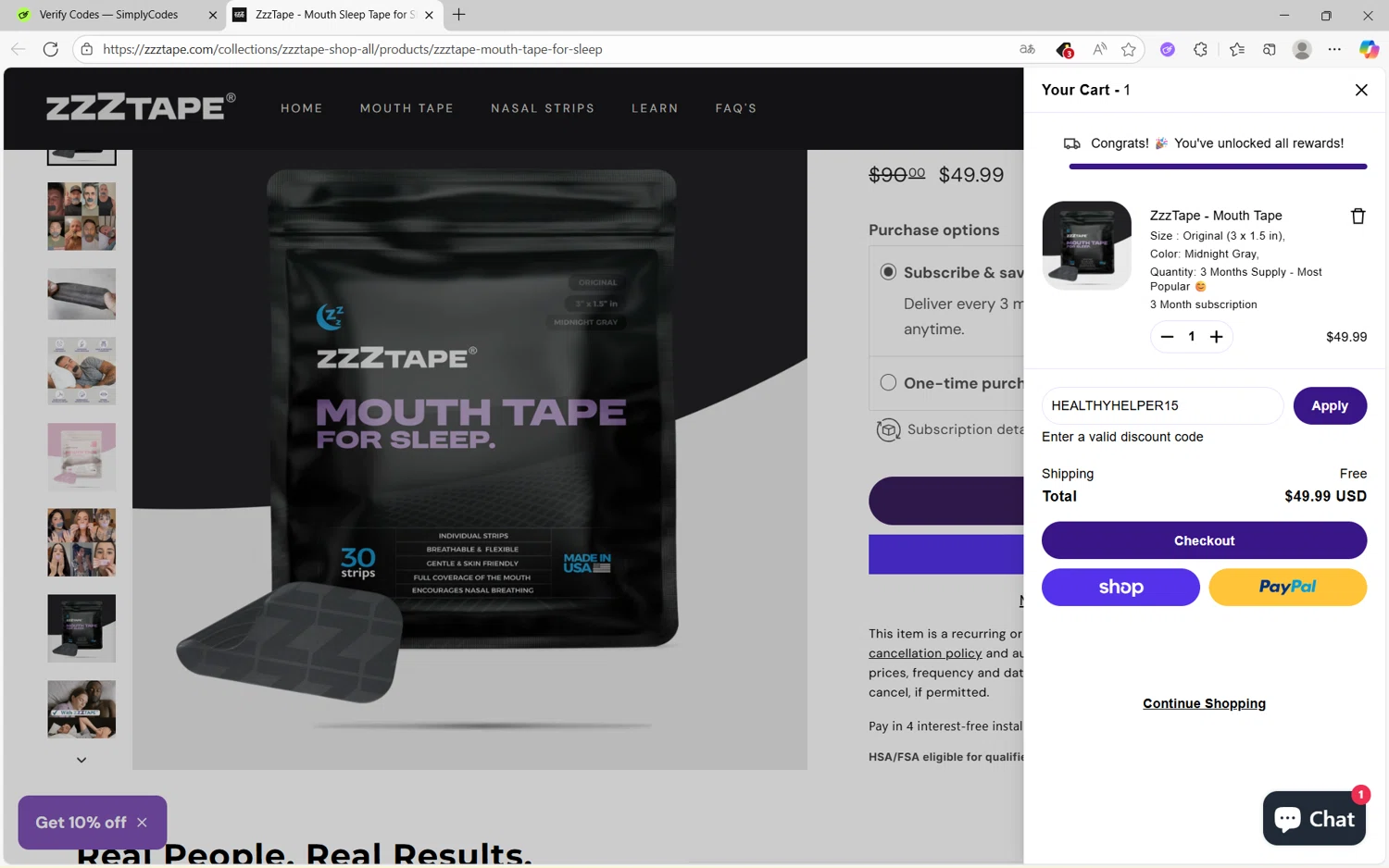 ZzzTape discount code screenshot showing code HEALTHYHELPER15 applied at ZzzTape checkout page. Uploaded by SimplyCodes community member juanx1702 on Sep 23, 2025