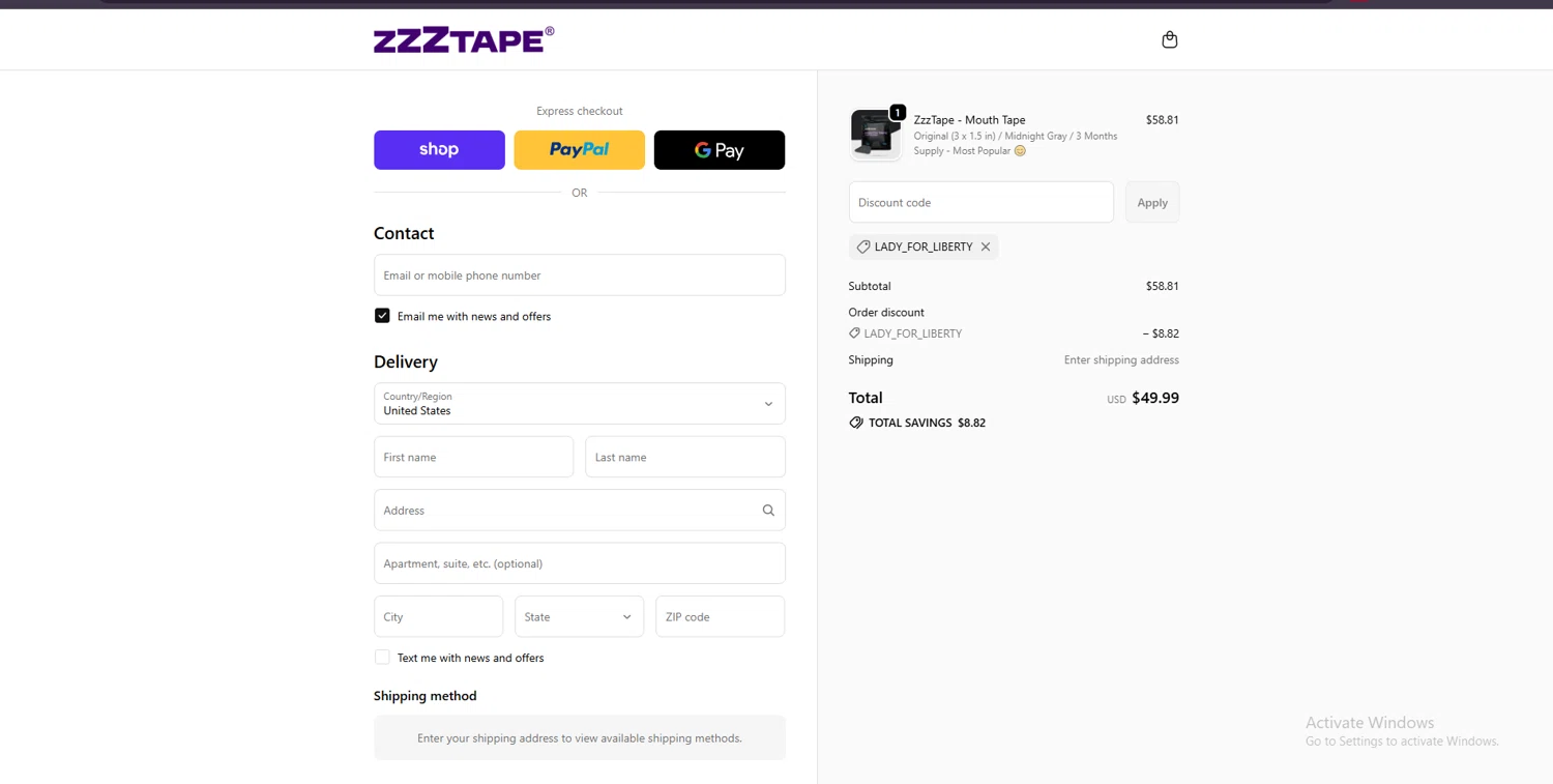 ZzzTape discount code screenshot showing code LADY_FOR_LIBERTY applied at ZzzTape checkout page. Uploaded by SimplyCodes community member suppahdealz on Sep 18, 2025
