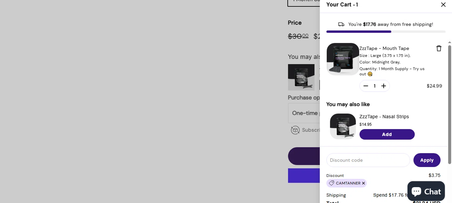 ZzzTape discount code screenshot showing code CAMTANNER applied at ZzzTape checkout page. Uploaded by SimplyCodes community member shark12 on Apr 15, 2025