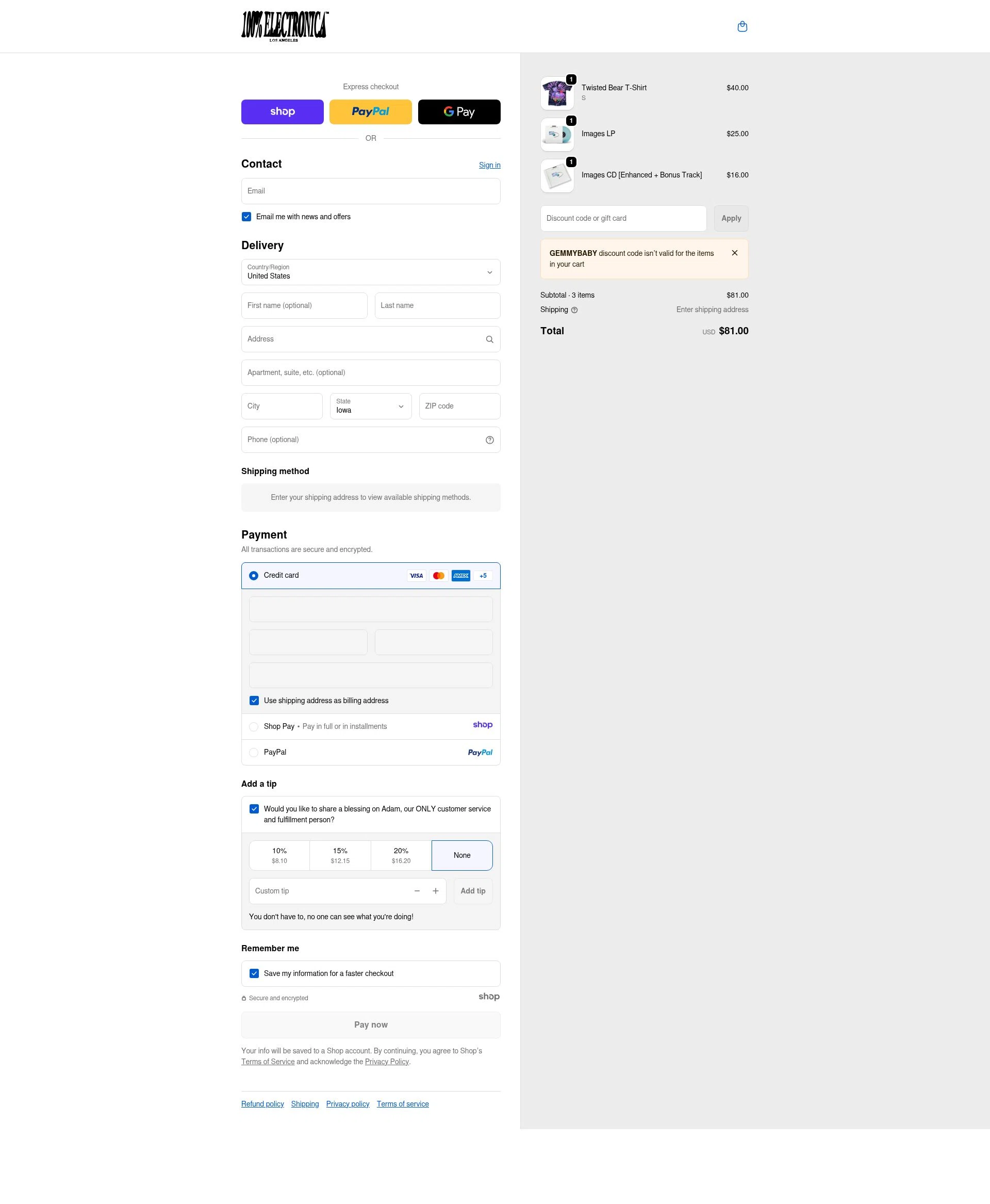 100% Electronica checkout page showing 100% Electronica discount code box | Screenshot taken by SimplyCodes community member on Jan 2, 2026