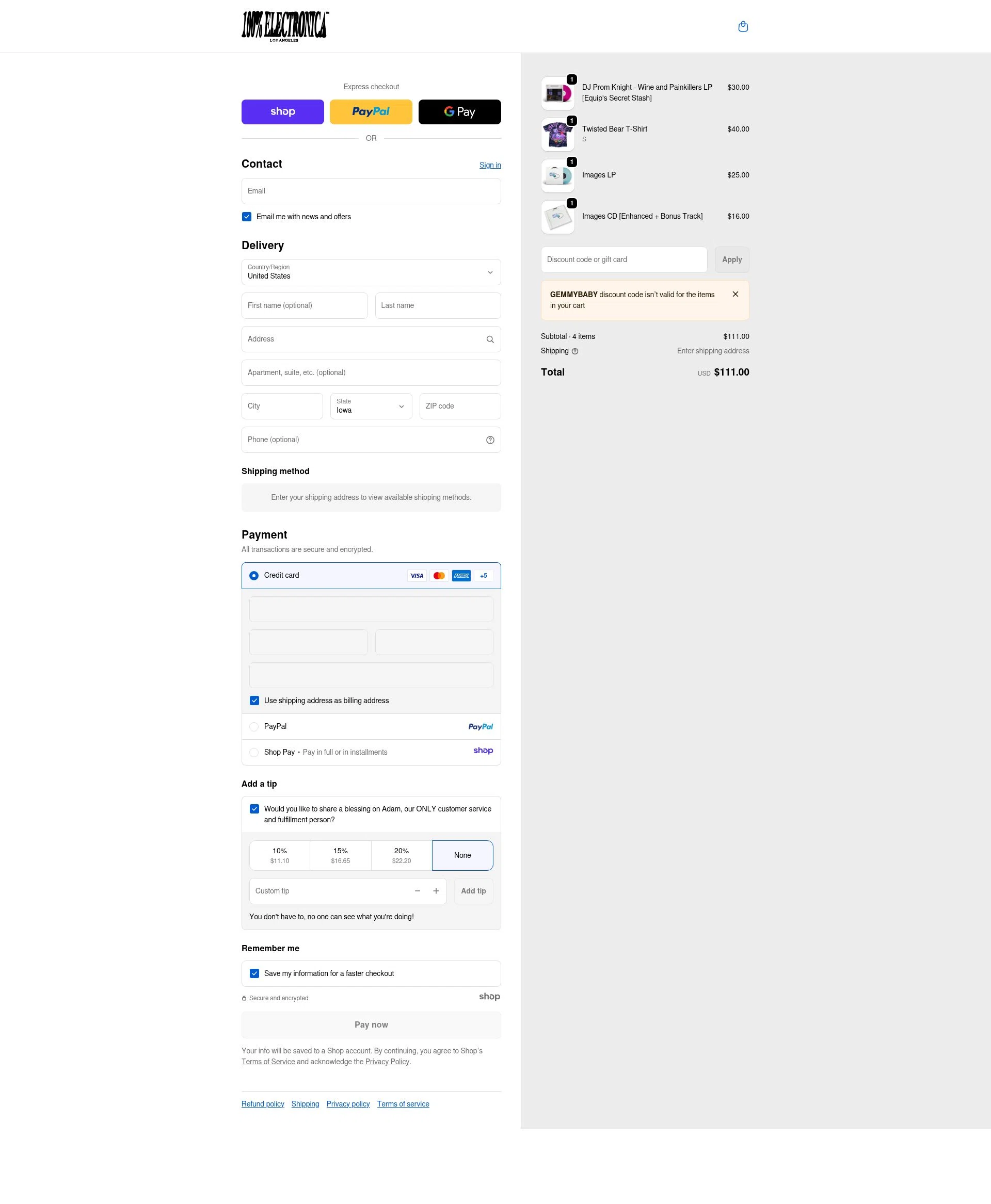 100% Electronica checkout page showing 100% Electronica discount code box | Screenshot taken by SimplyCodes community member on Dec 17, 2025