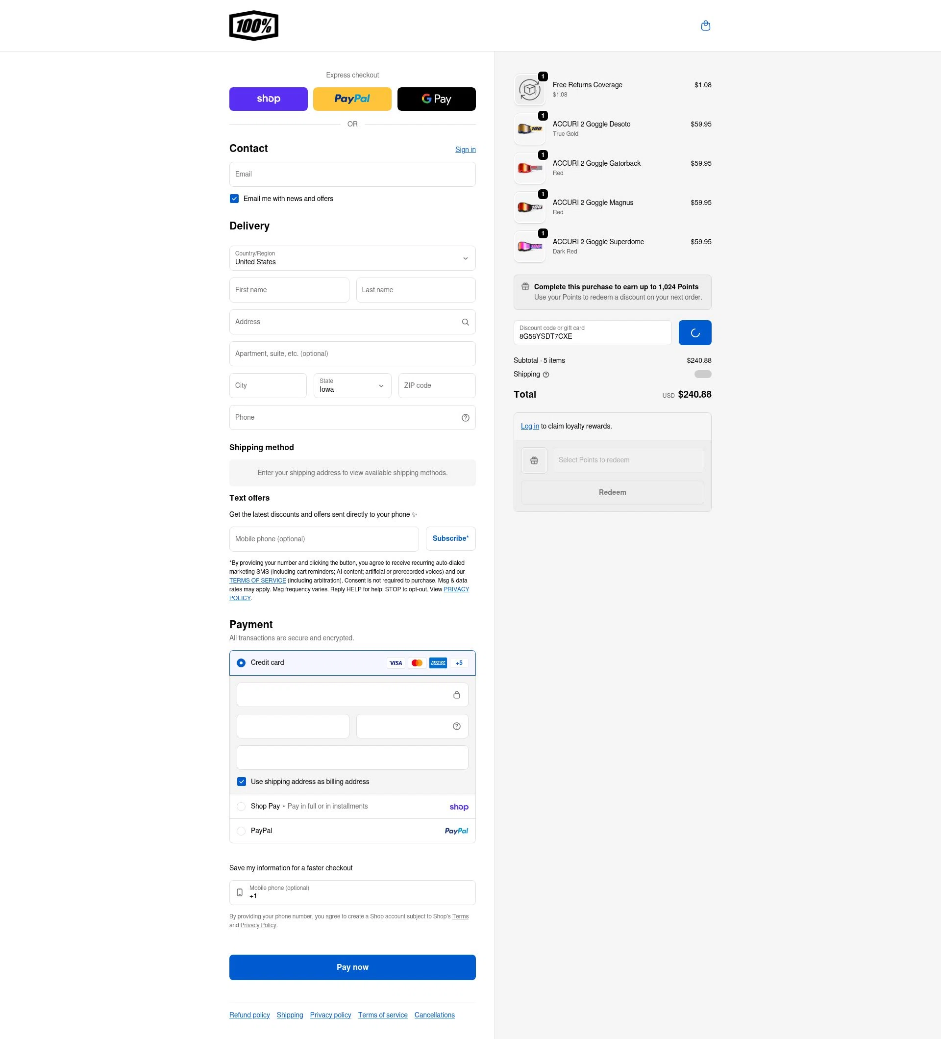 100 Percent checkout page showing 100 Percent discount code box | Screenshot taken by SimplyCodes community member on Feb 20, 2026