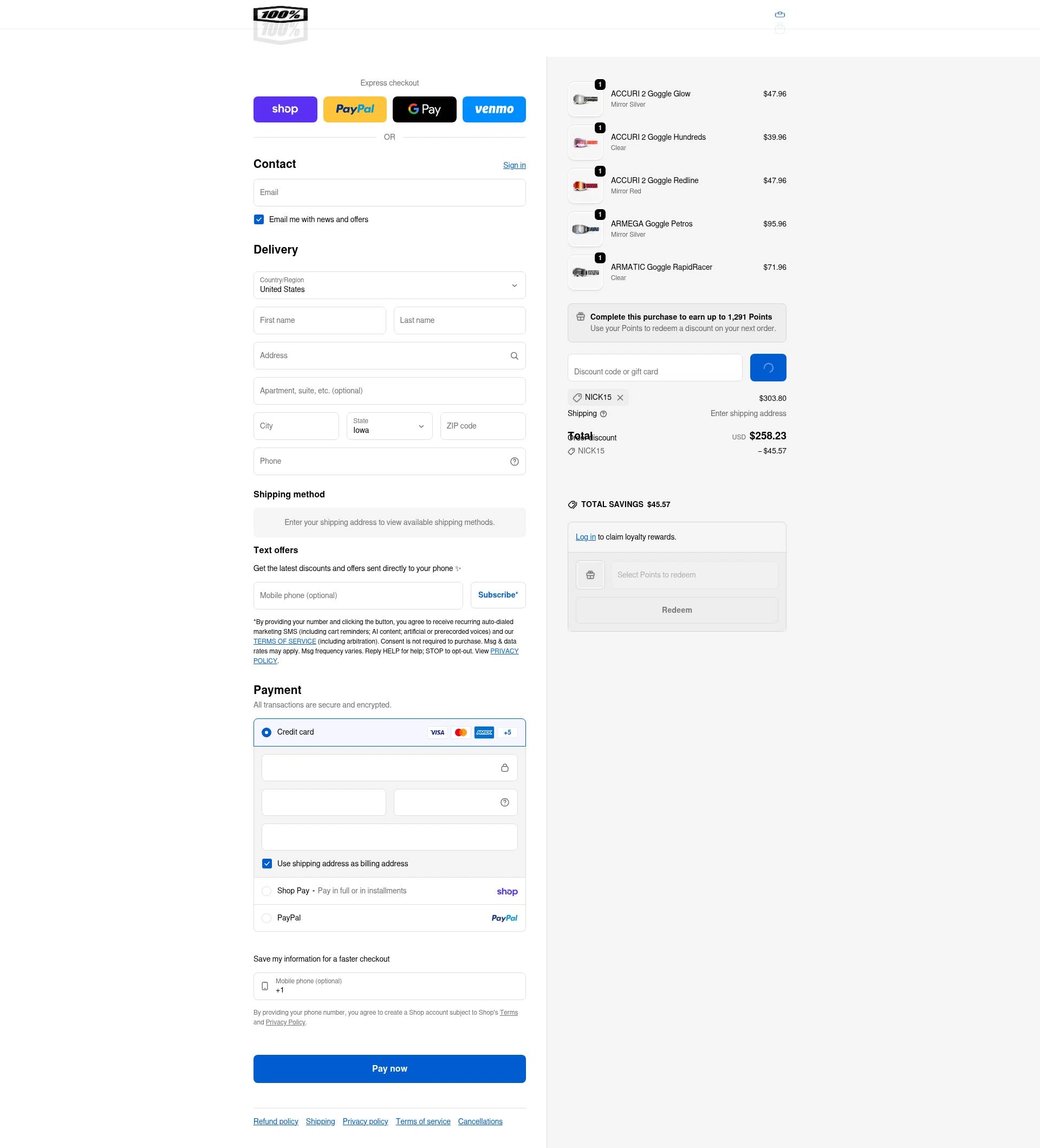 100 Percent checkout page showing 100 Percent discount code box | Screenshot taken by SimplyCodes community member on Feb 16, 2026