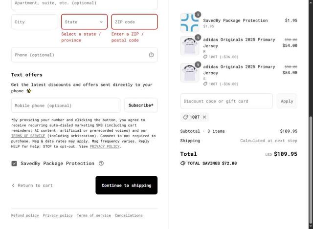 100 Thieves checkout page showing 100 Thieves discount code box | Screenshot taken by SimplyCodes community member on Aug 17, 2025