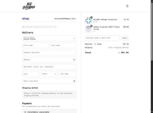 100 Thieves checkout page showing 100 Thieves discount code box | Screenshot taken by SimplyCodes community member on Sep 5, 2025